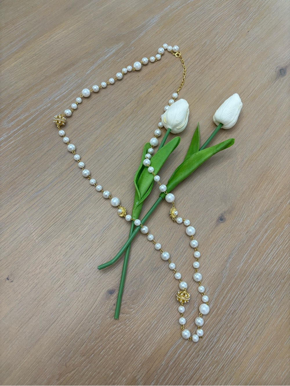 Gold and White Pearl Strand Necklace - Elegant Women's Jewelry